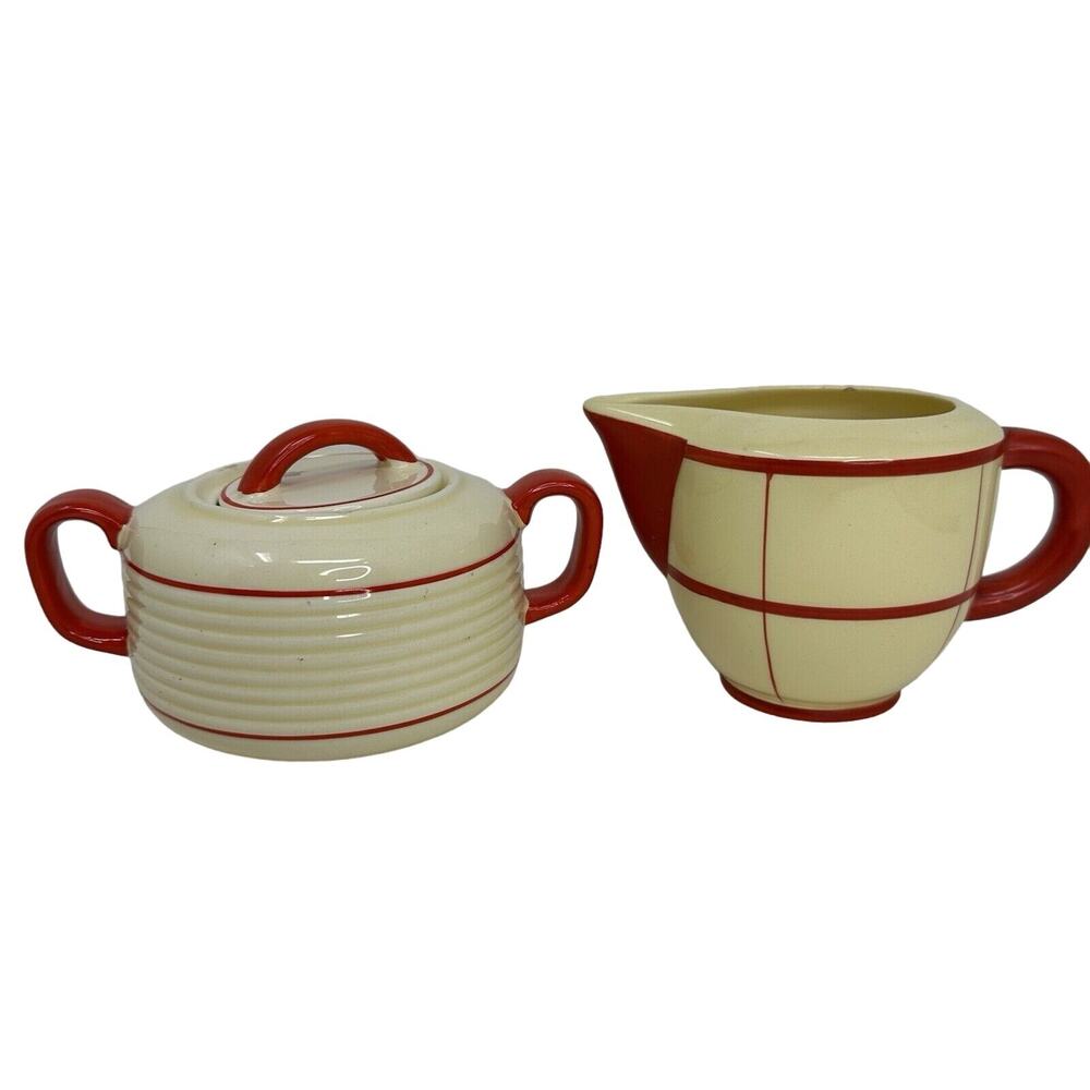 RARE ~ Pottery/1930s Czechoslovakia Art Deco Cream & Sugar - Orange & Cream